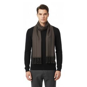 Lanvin 100% Wool Scarf – Brown Pinstripe, Lightweight Fringed Design